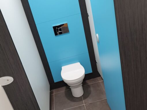 Cromwell head office Office blue WC Interior Design and fit-out, Commercial Interior design, Workplace interior design