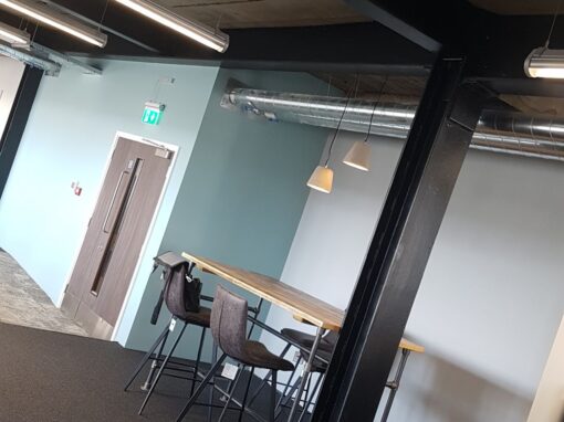 High bar breakout area, Workplace Office Interior Design, Core Comm office interior design, commercial interior design and fit-out