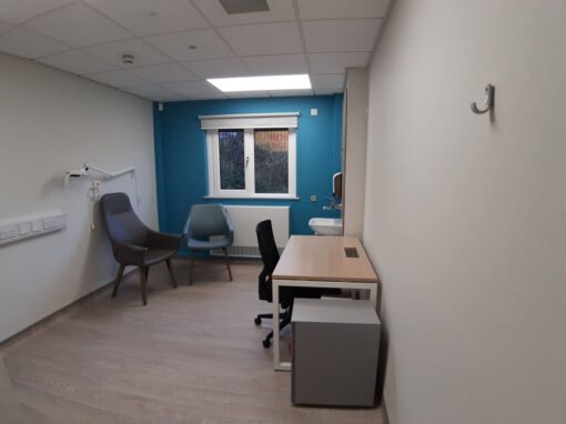 5 Consultation rooms at Bolton Hospice Interior Design and Furniture FF&E, refurbishment, healthcare interior design and refurbishment. Modern high and low back chairs, examination couches.