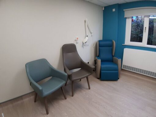 4 Consultation rooms at Bolton Hospice Interior Design and Furniture FF&E, refurbishment, healthcare interior design and refurbishment. Modern high and low back chairs, examination couches.
