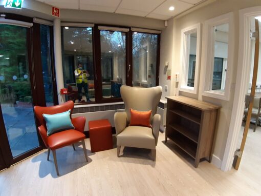 7 Garden room with healthcare faux leather upholstery, Bolton Hospice Interior Design and Furniture FF&E, refurbishment, healthcare interior design and refurbishment,