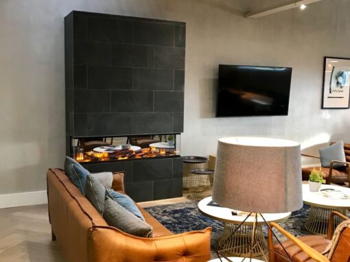 Boardroom Suite Lounge with bespoke minimalist fire 1, WMG Commercial Interior Design, Workplace interior Design, Office interior design