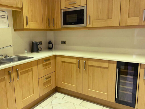 Kitchen Breakout Carrwood Park Office refurbishment, acoustic interior design, office interior design