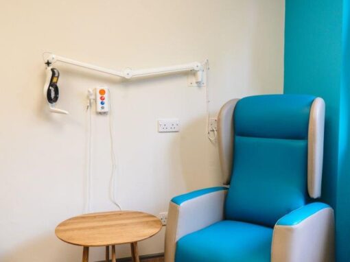 8 Consultation rooms at Bolton Hospice Interior Design and Furniture FF&E, refurbishment, healthcare interior design and refurbishment. Modern high and low back chairs, examination couches.
