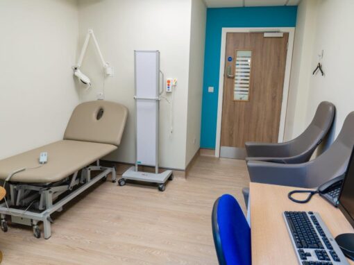 11 Consultation rooms at Bolton Hospice Interior Design and Furniture FF&E, refurbishment, healthcare interior design and refurbishment. Modern high and low back chairs, examination couches.