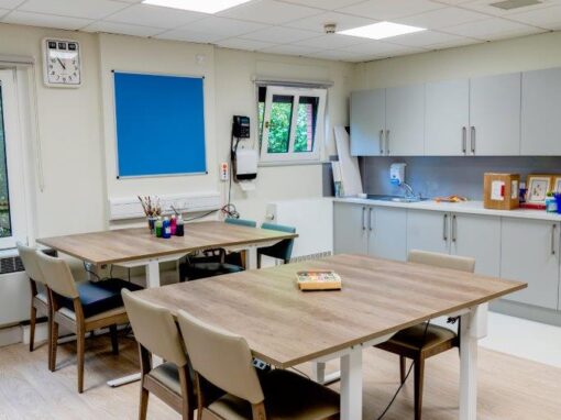 4 Activity room with height-adjustable tables and healthcare faux leather upholstery, Bolton Hospice Interior Design and Furniture FF&E, refurbishment, healthcare interior design and refurbishment,