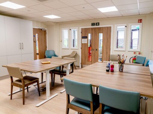 1 Activity room with height adjustable tables Bolton Hospice Interior Design and Furniture FF&E, refurbishment, healthcare interior design and refurbishment,
